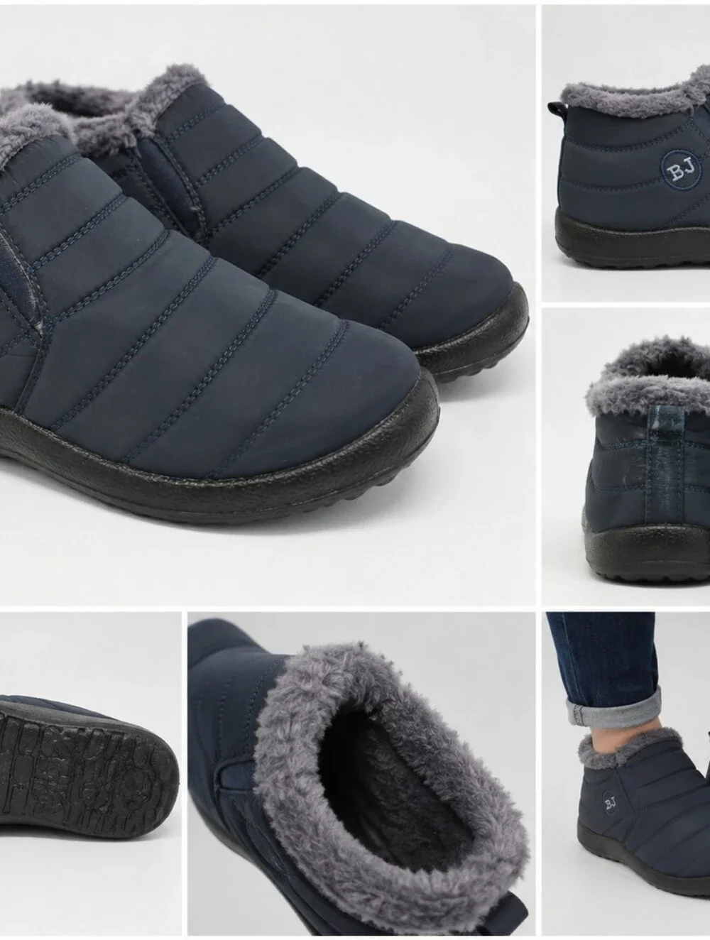 bj women's navy gray quilted faux fur lined winter ankle boots size 9M 40